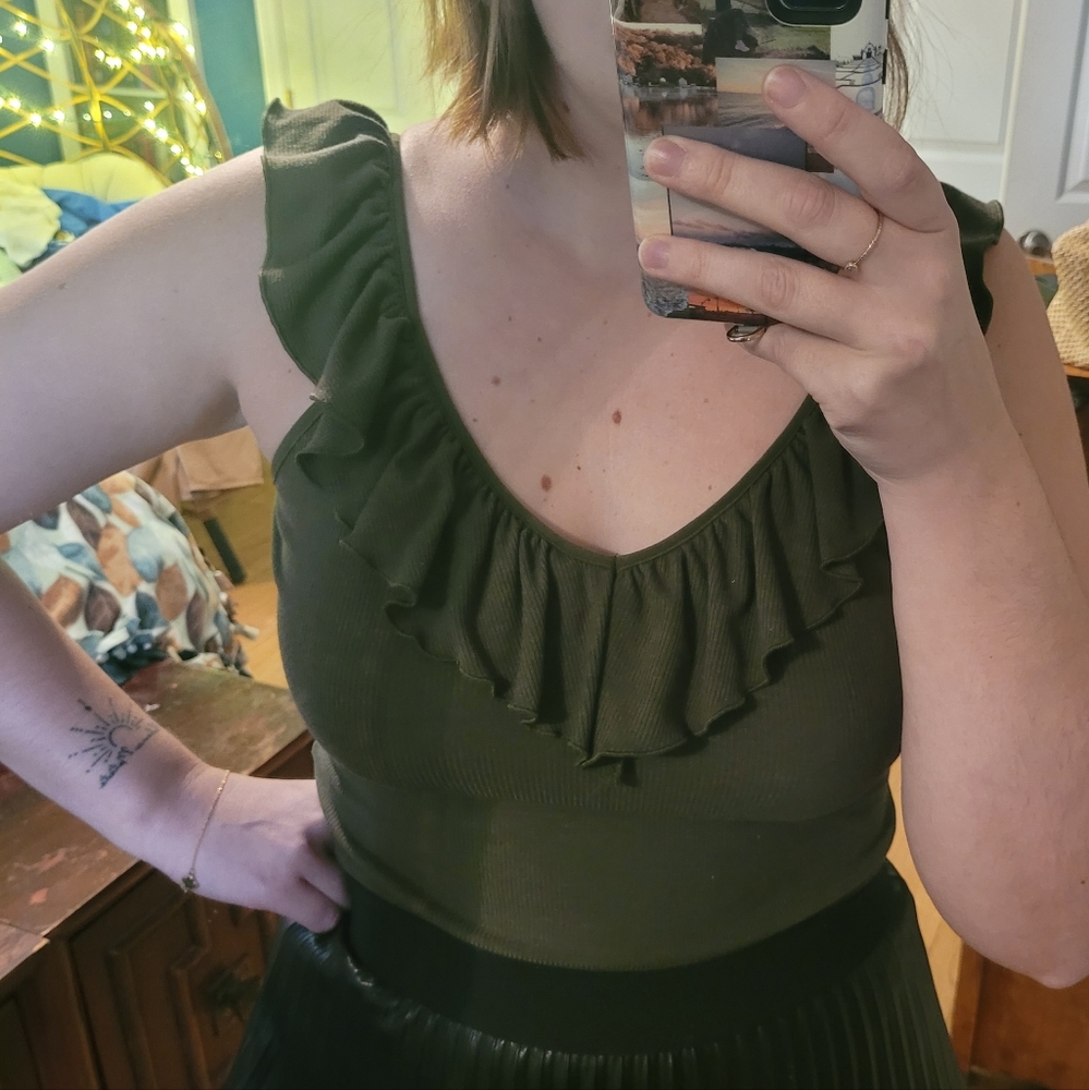 DEX Ruffled Olive Green Women's Bodysuit